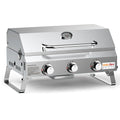 Silver stainless steel desktop gas barbecue grill with three burners and foldable legs