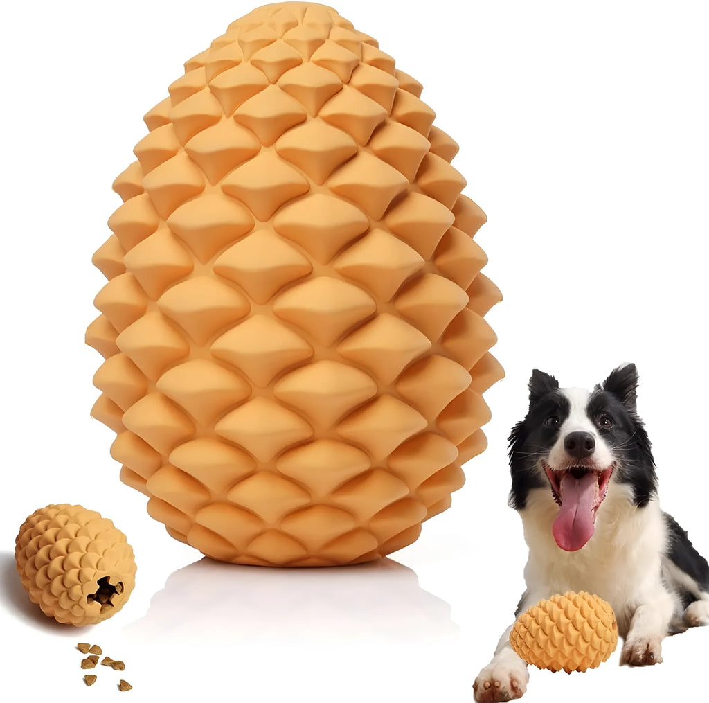 Yellow pine cone shaped indestructible dog chew toy with treat dispenser hole