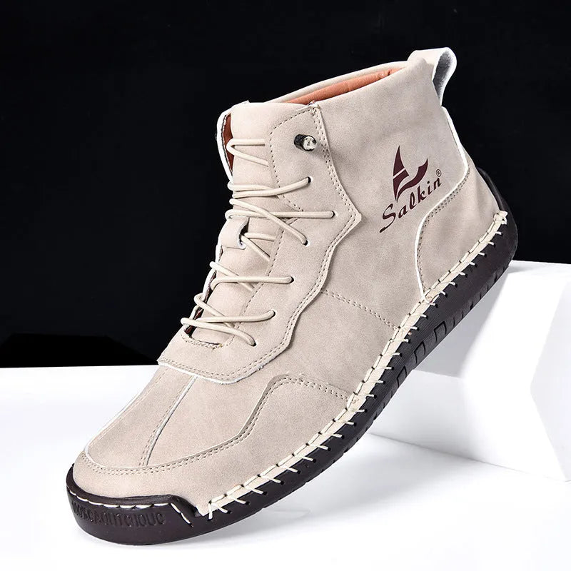 Retro high-top casual boots in artificial PU leather with frosted finish, round toe, and elastic band.