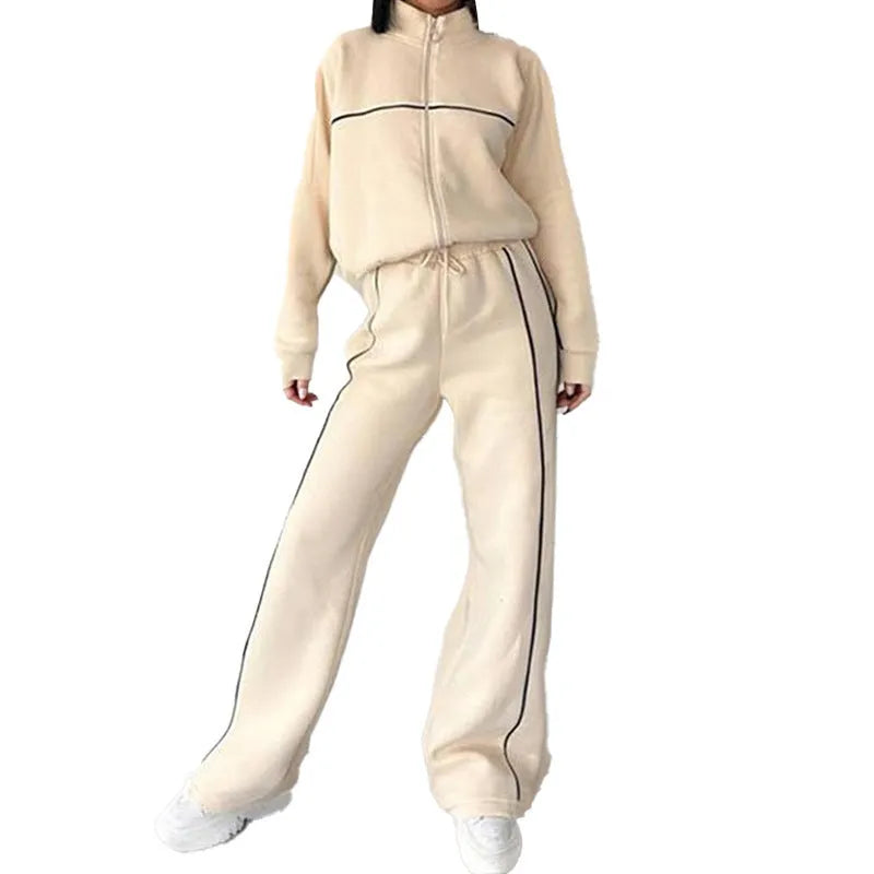 Casual polyester suit set with mock neck hoodie and lace-up striped trousers in six colour options