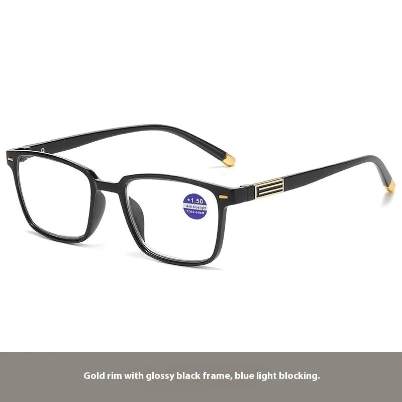 Multifocal reading glasses with colour changing, anti-blue light PC lenses in a black and silver frame style.