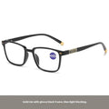 Multifocal reading glasses with colour changing, anti-blue light PC lenses in a black and silver frame style.