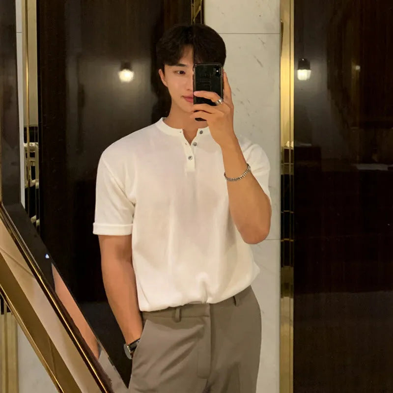 Men's short-sleeved ice silk knitted shirt in slim fit showing black, khaki and white colour options