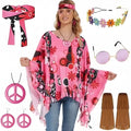 Colourful tie dye cloak costume with bell sleeves on a hanger, showing pink, rainbow, orange red, and yellow colour options.