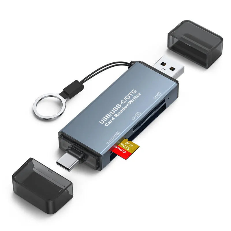 Compact aluminium alloy CF SD TF three-in-one USB card reader showing USB and Type-C connectors
