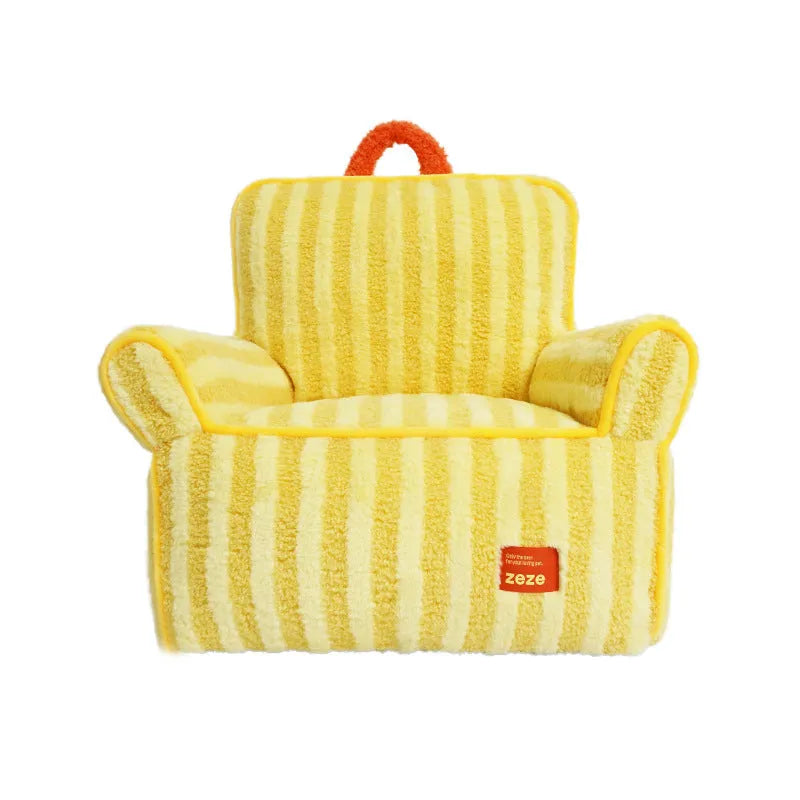 Striped soft velvet pet bed in yellow, orange, and purple colour options with a removable cover.