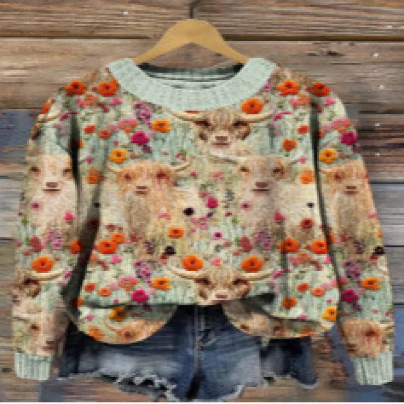 A round neck casual sweater with a small digital floral print, shown in one of thirteen available colours.