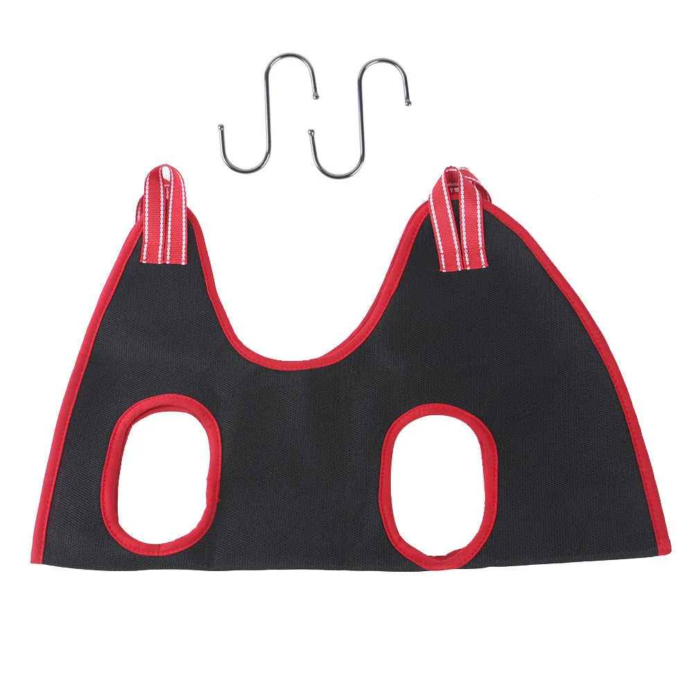 Pet grooming restraint hammock bag hanging system for nail trimming and bathing in four sizes