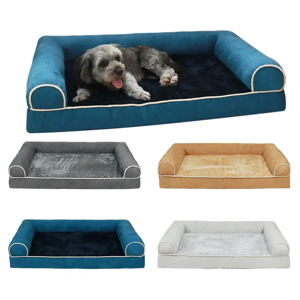 A square, cloth-covered sponge dog bed shown in blue, with a dog resting on it.