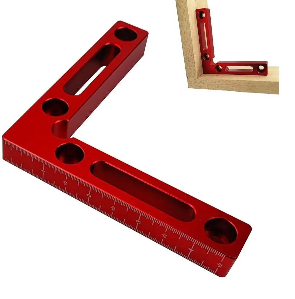 Aluminium woodworking right angle positioning block with scale markings for jigsaw fixtures