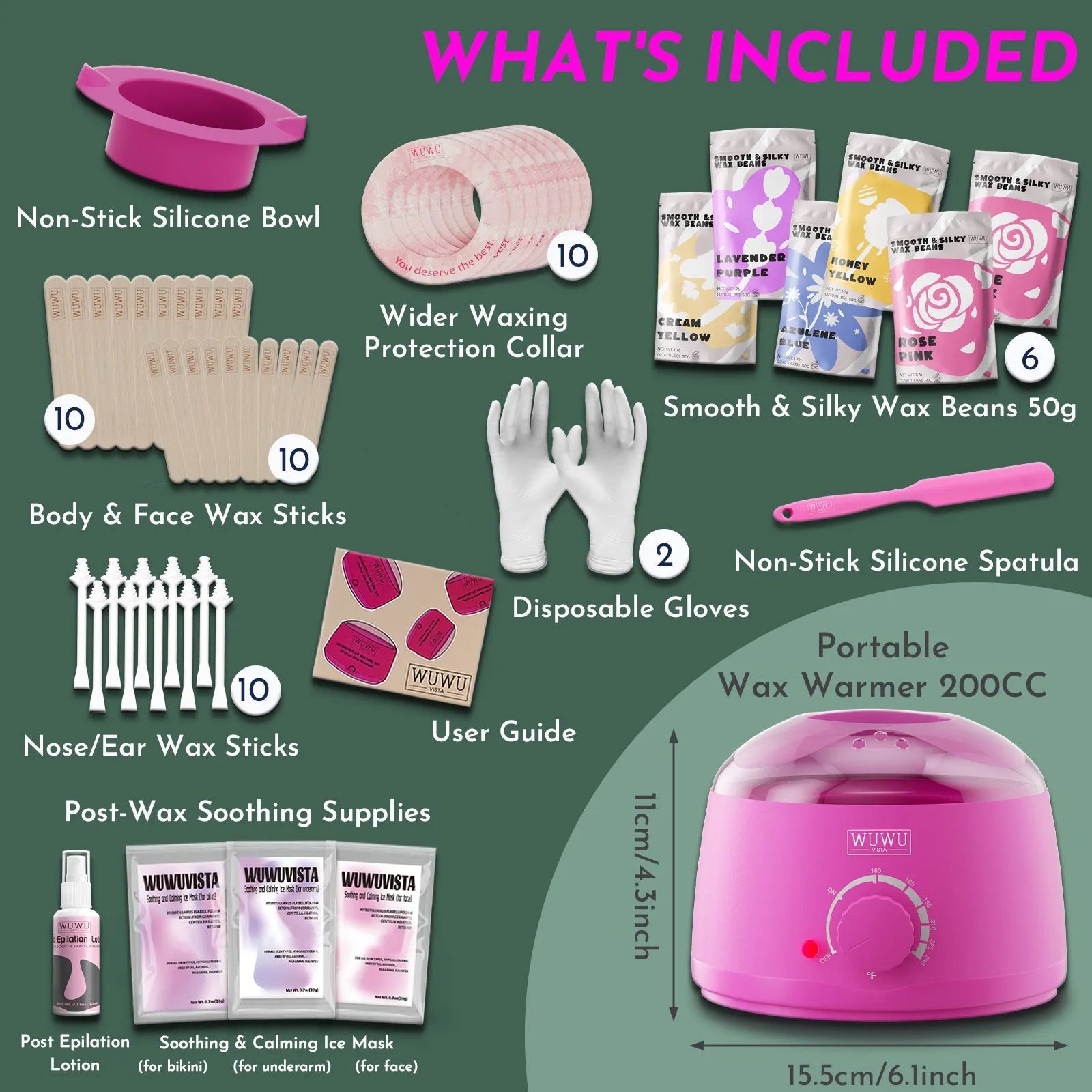 WUWUVISTA professional waxing kit with black wax warmer, coloured hard wax beads, applicators and aftercare products