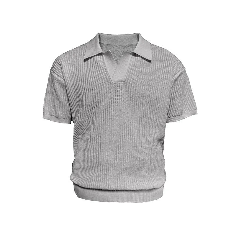 Men's creamy-white striped polo shirt with business collar on hanger