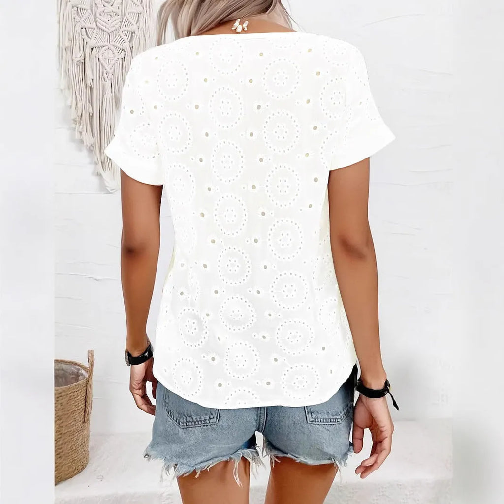 White V-neck short sleeve T-shirt with hollow-out design detail, loose fit