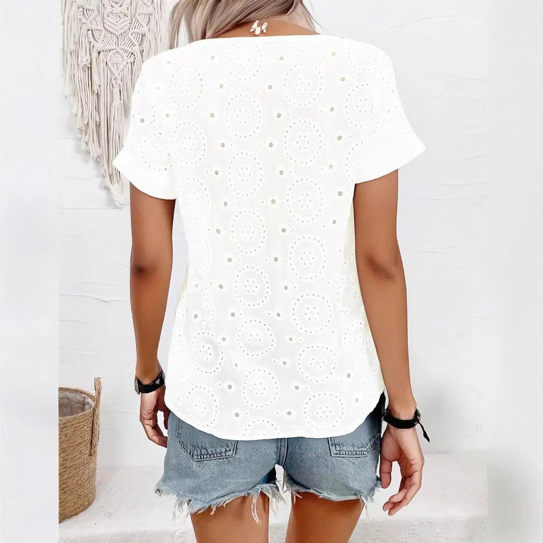 White V-neck short sleeve T-shirt with hollow-out design detail, loose fit