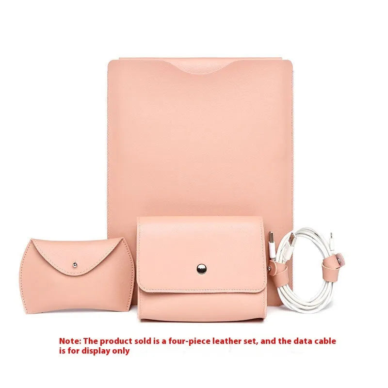 Four-piece set of imitation leather lock edge protective covers for MacBook Pro laptops in apricot, brown, grey, and pink.