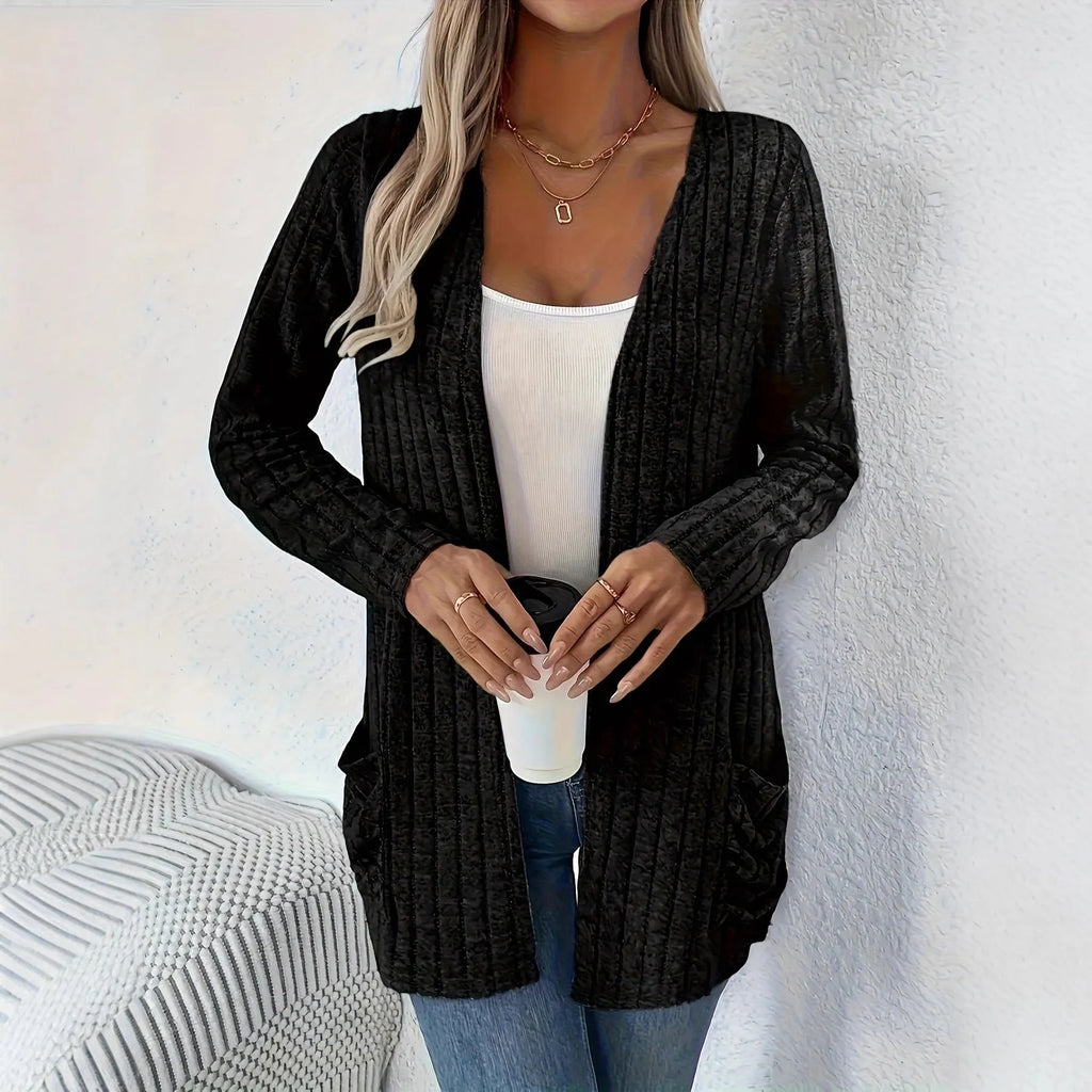 Women's loose-fit long sleeve cardigan with pockets in granny grey, shown on a hanger.