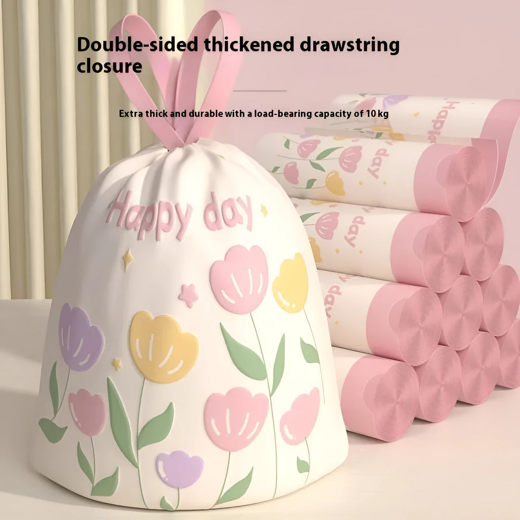 Pink degradable drawstring bin bags with argy wormwood mosquito repellent properties measuring 44cm by 48cm
