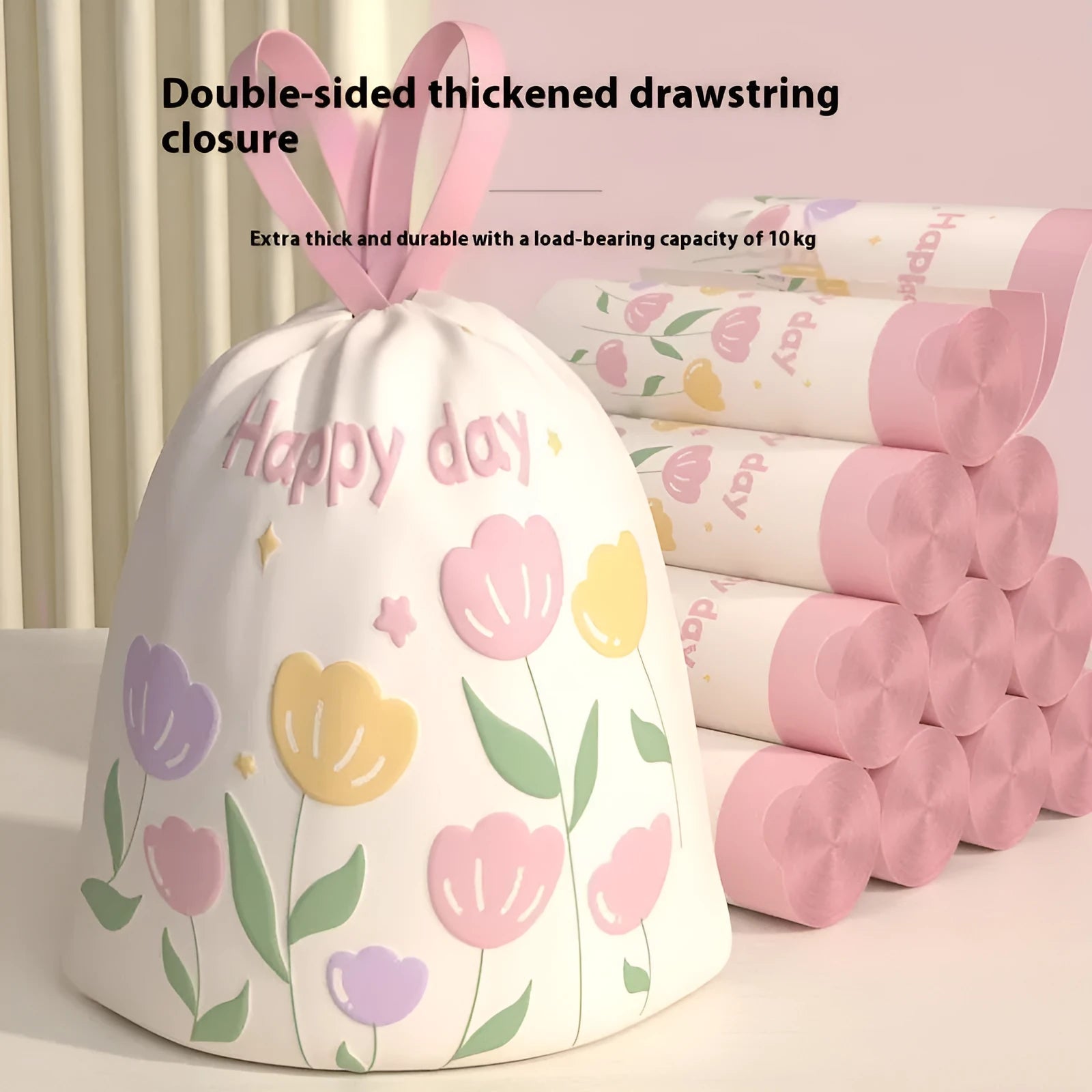 Pink degradable drawstring bin bags with argy wormwood mosquito repellent properties measuring 44cm by 48cm