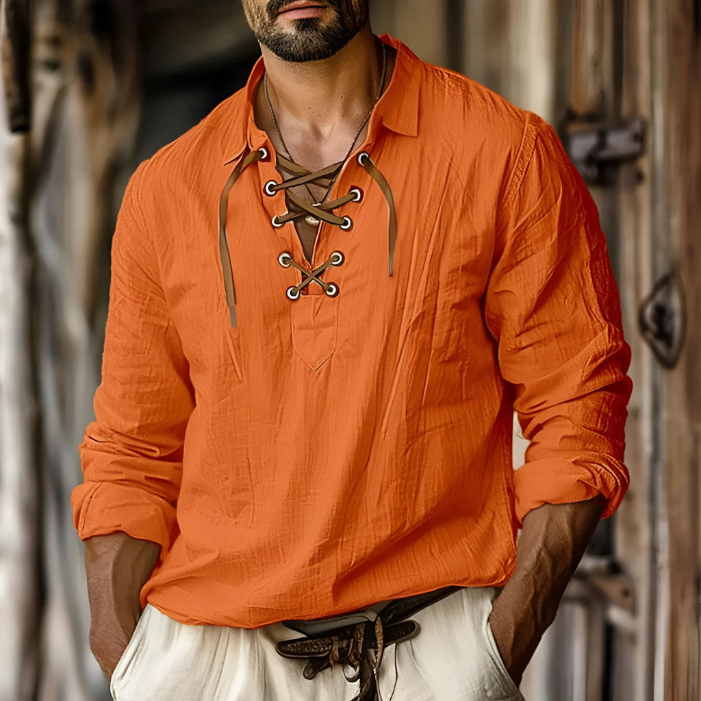 Men's loose fit solid colour shirt with lapel collar and lace detailing on a linen-cotton blend fabric.