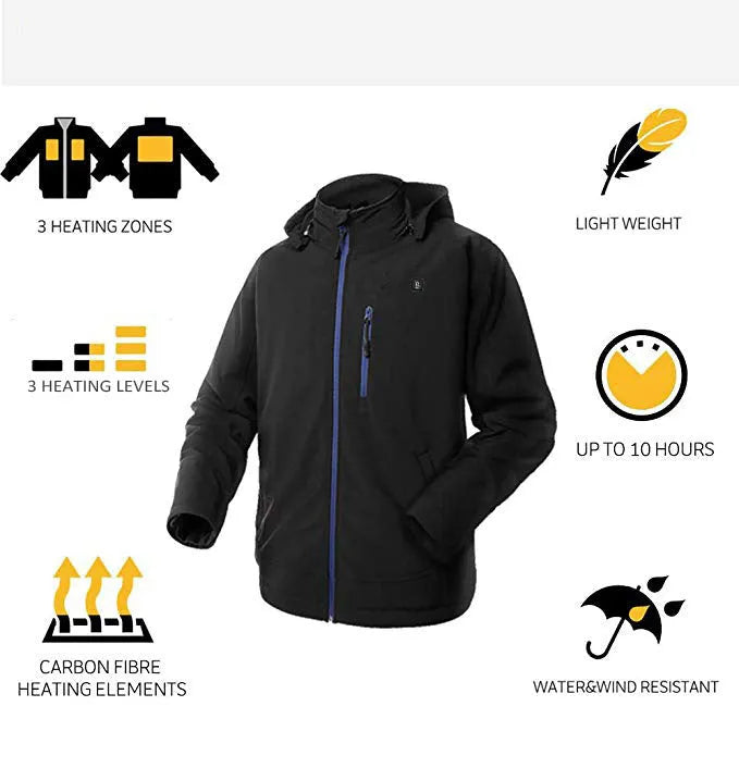 Black USB heated waterproof winter coat for men with long sleeves and straight hem design