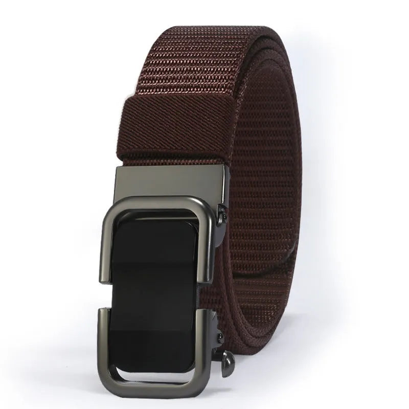 Men's nylon canvas belt with a silver toothless alloy buckle on a grey strap.
