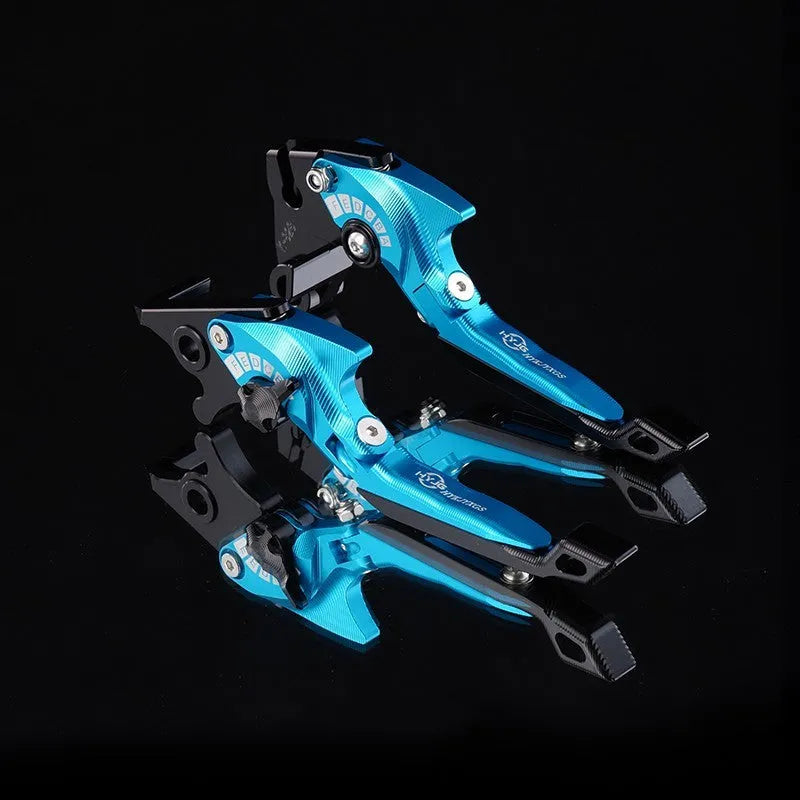 Pair of anodised metal motorcycle brake and clutch levers with adjustable length mechanism