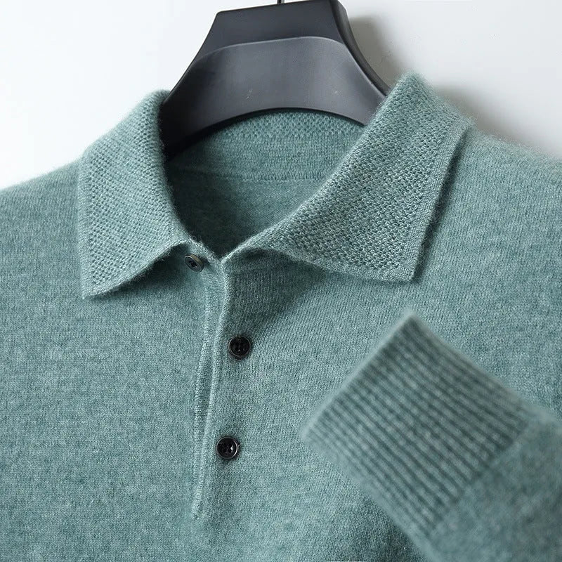 Men's grey wool blend pullover sweater with a polo collar and long sleeves laid flat