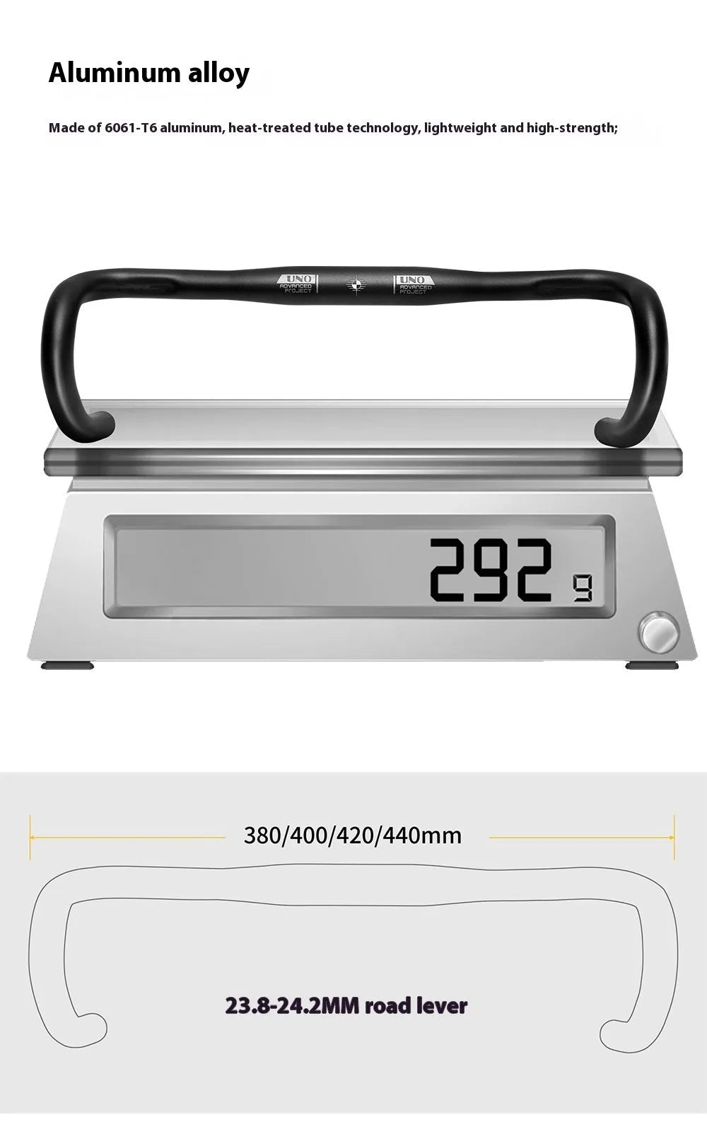 Black UNO aluminium alloy road bike drop handlebar showing curved shape and 31.8mm clamp section.