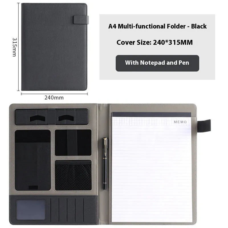A4 leather business folder in black colour showing document storage and pen holder