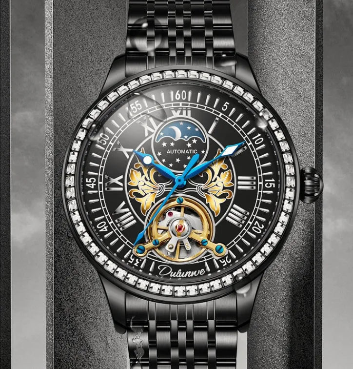 Men's mechanical watch with transparent case back showing movement and stainless steel strap