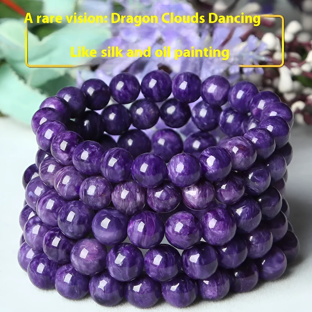 Crystal bracelet with transparent charoite beads in Platinum colour, showing different bead size options.