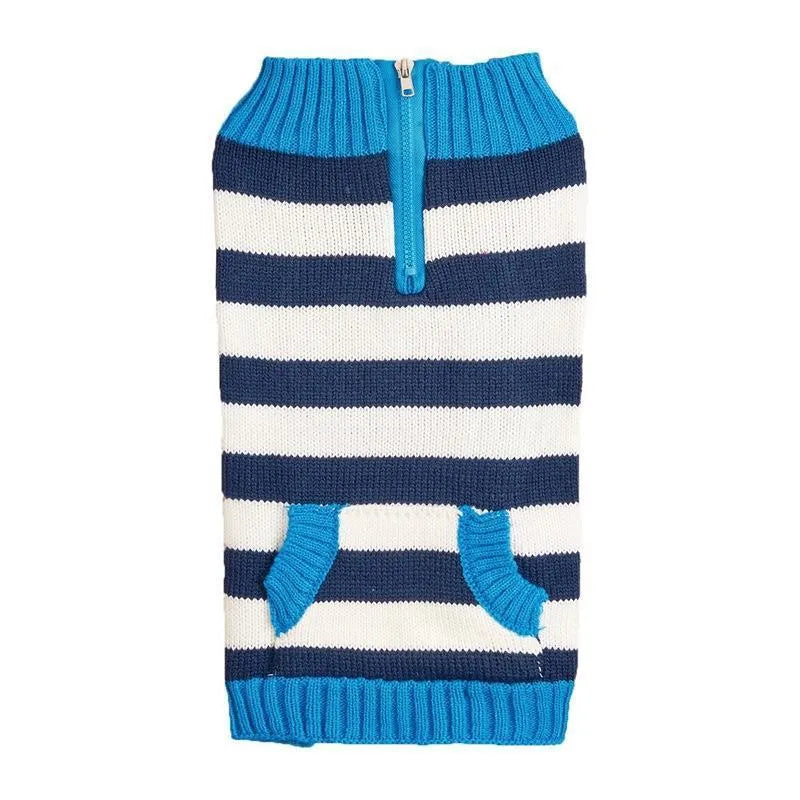 Grey dog sweater with blue horizontal zipper and button pocket on a small dog.