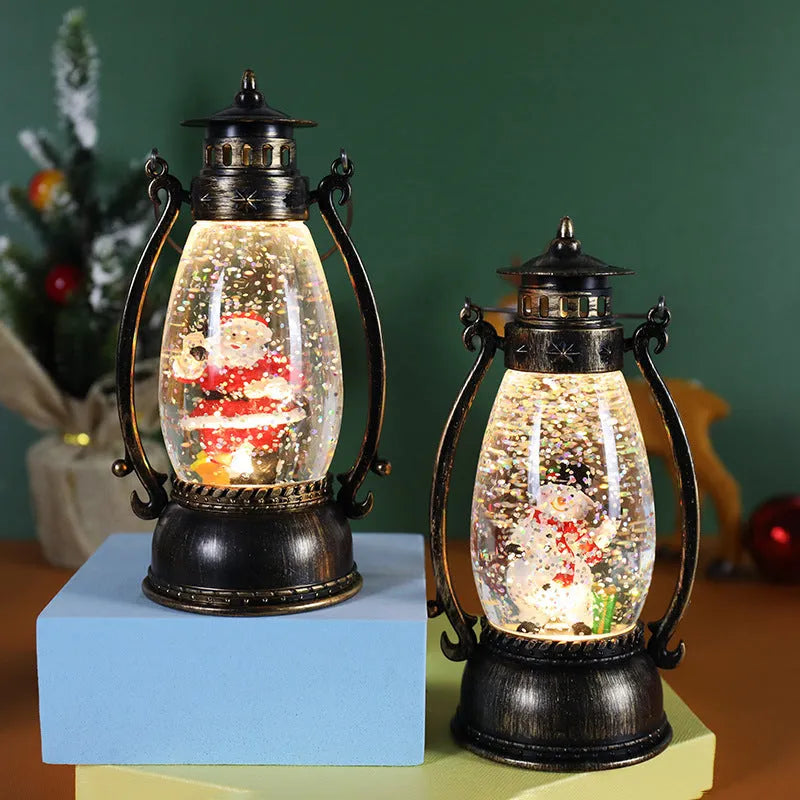 Desktop Christmas oil lamp with glowing crystal ball base in snowman or elderly character style.