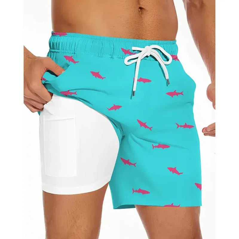Man wearing loose-fit beige polyester beach shorts on a summer day.