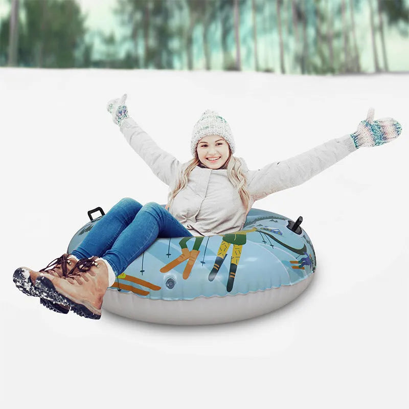 PVC winter ski ring toy in three colour options: snow mountain, ice-snow blue, and flame red designs