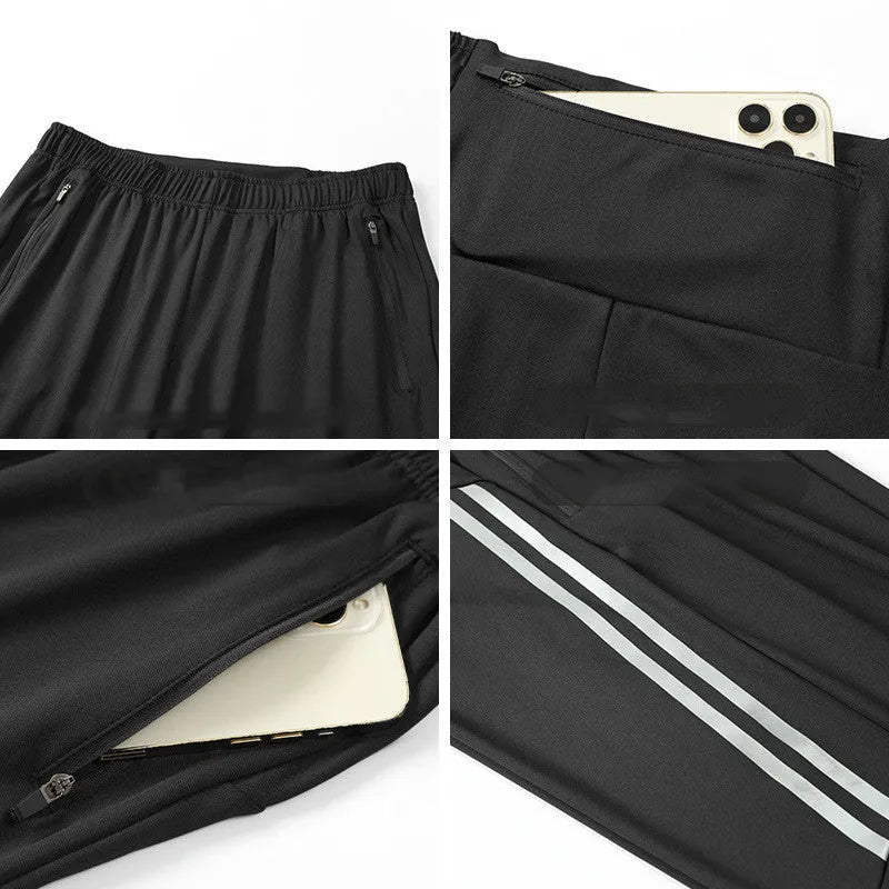 Men's black running trousers with mid-waist design and full-length polyester construction for sports