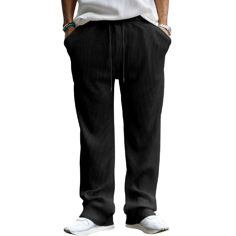 Men's loose straight-leg casual trousers in high-waist design with micro-elastic polyester fabric