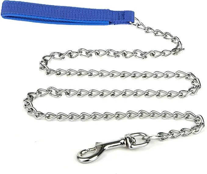 Heavy duty metal dog leash chain with soft padded handle in black, blue or red colours
