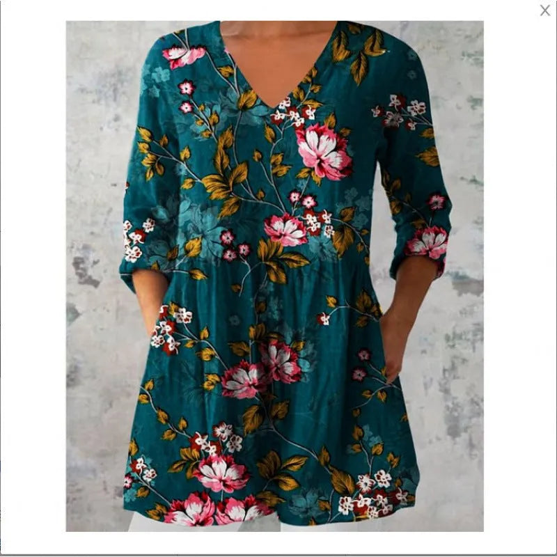 Women's printed floral dress with loose fit, wide waist, and 3/4 ruffle sleeves