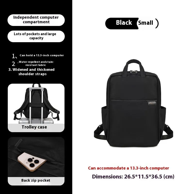 Nylon women's travel backpack in apricot colour showing front pockets and laptop compartment.