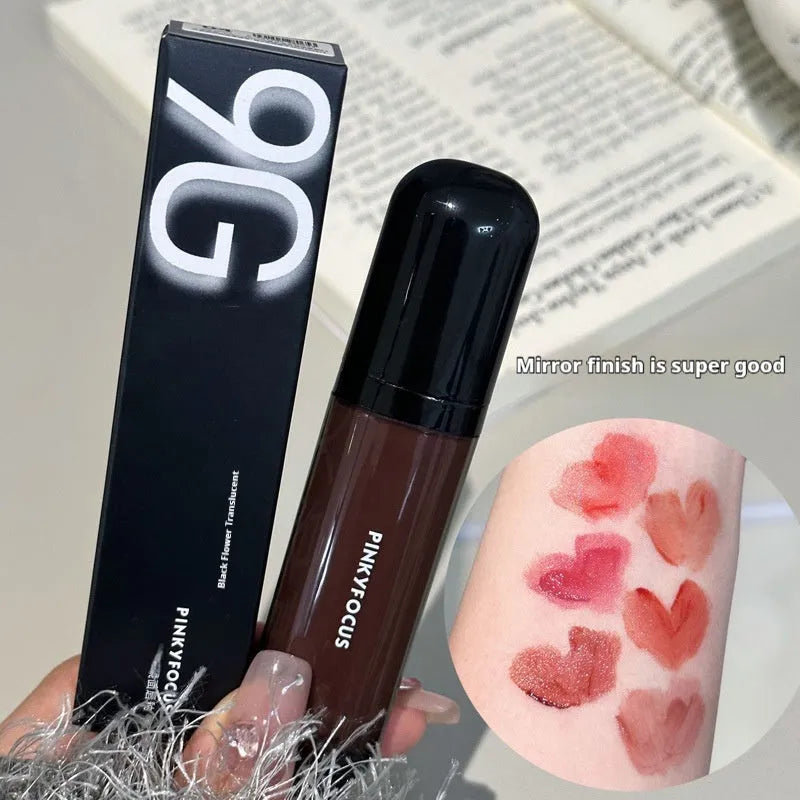 Black shiny Mirror Lip Lacquer with six colour shades displayed