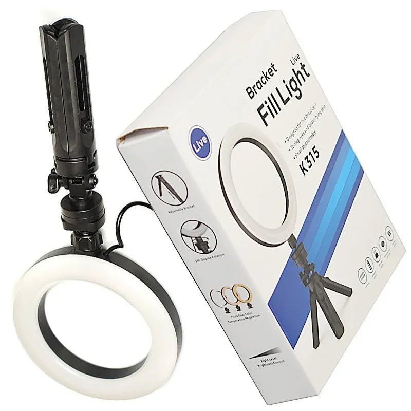 Black desktop tripod with phone bracket and adjustable fill light for mobile video recording