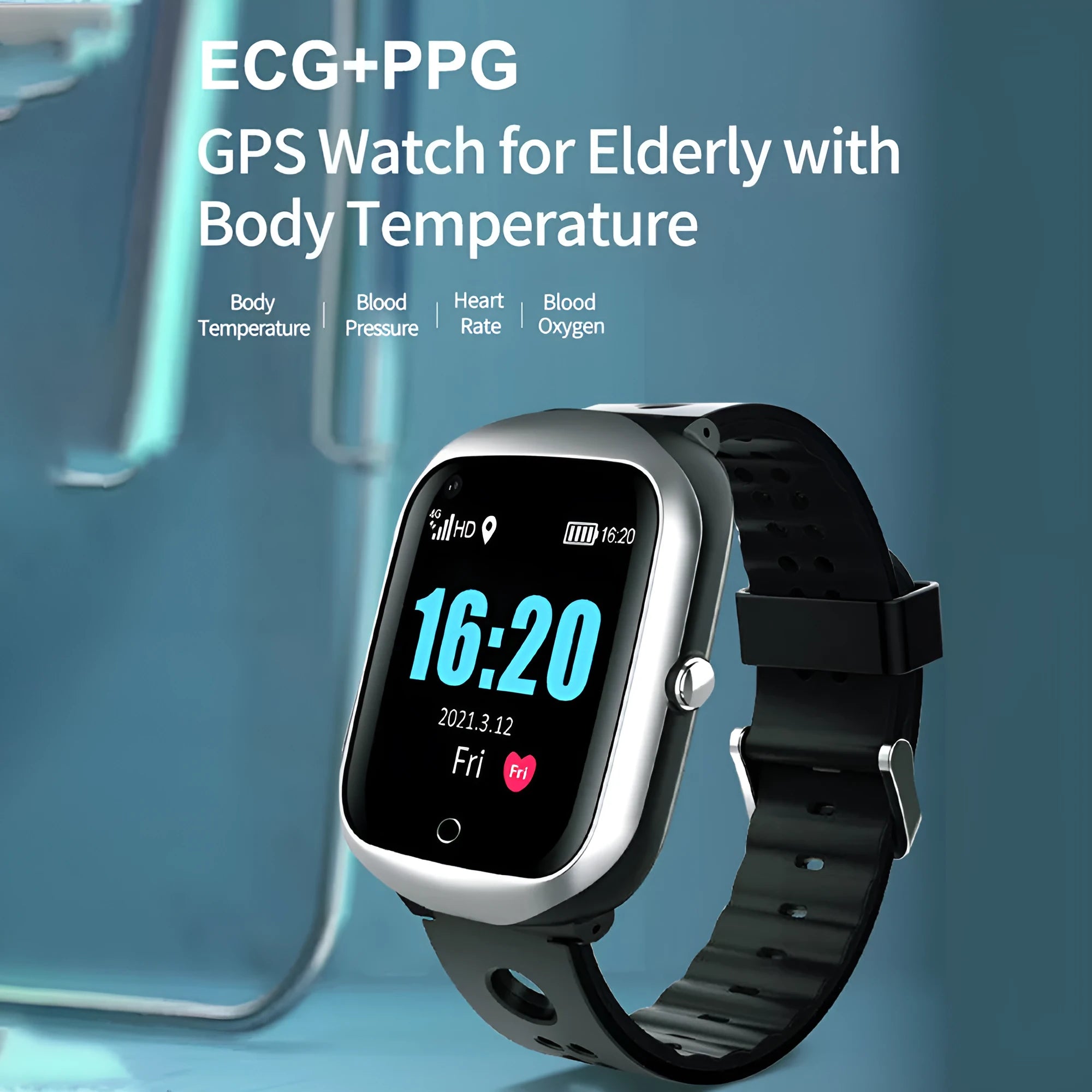 Square screen smartwatch for elderly with GPS tracking and SIM card slot in black colour
