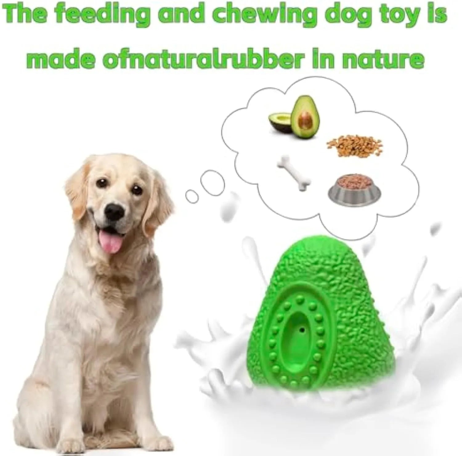Green avocado-shaped natural rubber dog chew toy with textured surface