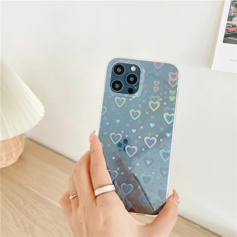 Transparent silicone iPhone case with laser colourful love design shown on iPhone