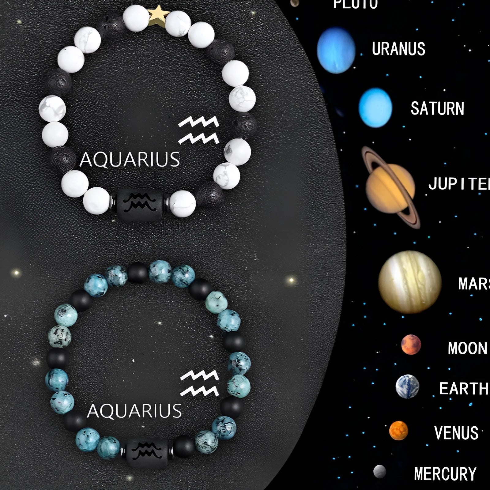 Natural stone beaded zodiac bracelet set showing twelve astrological signs