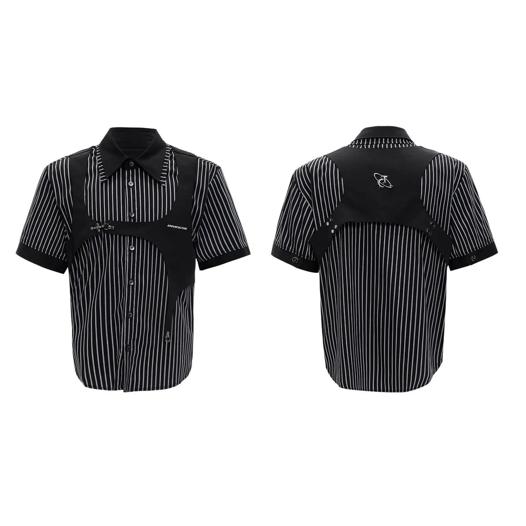 Man wearing a black and white striped cotton shirt with a distinctive double collar and short sleeves.