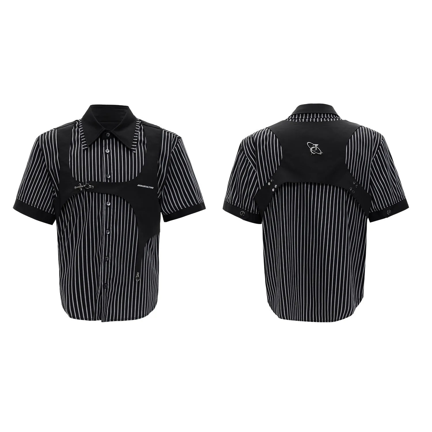 Man wearing a black and white striped cotton shirt with a distinctive double collar and short sleeves.