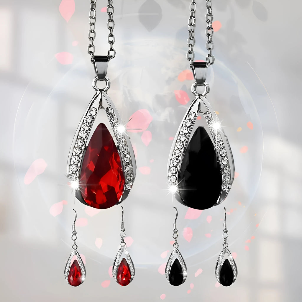 Black and red alloy necklace and earrings set with teardrop glass pendants