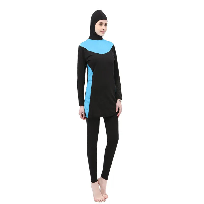 Black women's hooded long sleeve swimsuit top and pants set for swimming